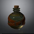 Ornate Potion Bottle With Cork Stopper Green Gold Sheen Red Straps And Metal Buckle