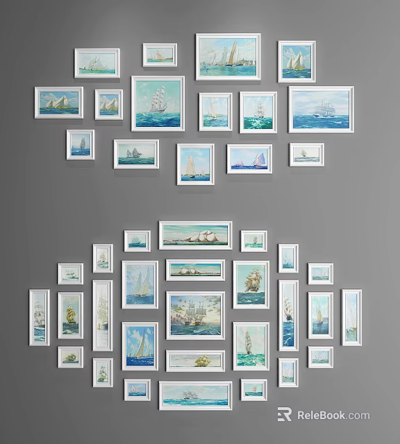 Sailing Ship Paintings Wall Decor With Framed Artworks Arranged On Gray Wall 3d model 