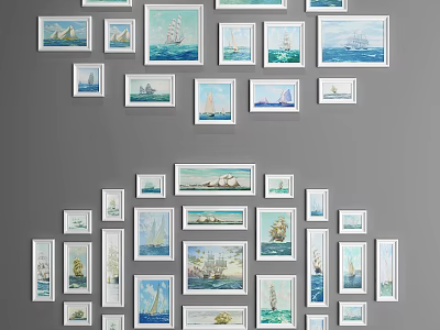 Sailing Ship Paintings Wall Decor With Framed Artworks Arranged On Gray Wall 3d model