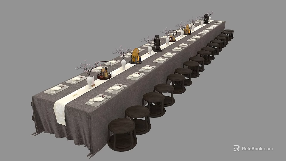 Long Dining Table Set With Gray Tablecloth White Runner Decorative Vases And Round Stools 3d model