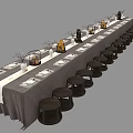 Long Dining Table Set With Gray Tablecloth White Runner Decorative Vases And Round Stools 3d model