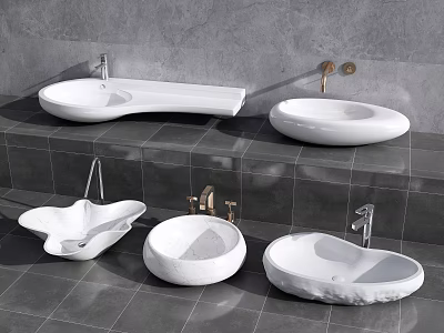 Different Shaped White Washbasins with Gold Faucets on Gray Tiled Background 3d model
