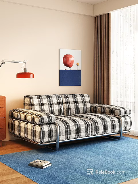 Retro Plaid Upholstered Double Seater Sofa With Sturdy Metal Frame For Cozy Living Room Space 3d model 