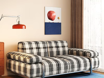 Retro Plaid Upholstered Double Seater Sofa With Sturdy Metal Frame For Cozy Living Room Space 3d model