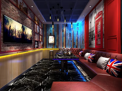 KTV Interior Design With Red Walls Black Marble Floor Sofa And Union Jack Cushions 3d model