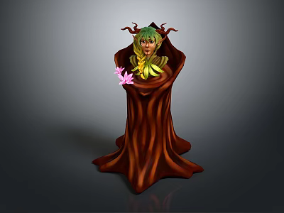 Game And Movie Fantasy Character With Green Hair Tree Like Outfit Holding Pink Flower 3d model