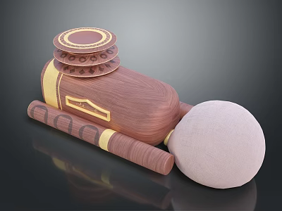 Unique Wooden Doll With Stacked Circular Parts Yellow Decorative Stripes And White Spherical Head 3d model