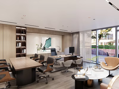 Modern Office Interior With Wooden Desk Bookshelf Comfortable Chairs And Large Windows 3d model