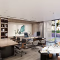 Modern Office Interior With Wooden Desk Bookshelf Comfortable Chairs And Large Windows
