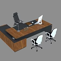 Modern Wooden Office Desk Featuring Computer Monitor Keyboard Mouse and Black White Office Chairs