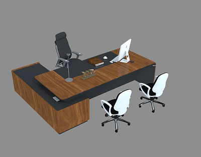 Modern Wooden Office Desk Featuring Computer Monitor Keyboard Mouse and Black White Office Chairs 3d model