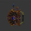 Fantasy Weapon Shield Design With Ornate Golden Decor Blue Gemstone And Chain Details