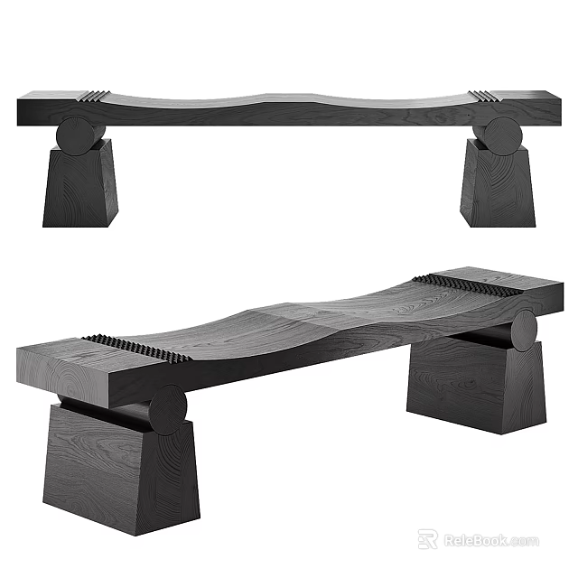 Modern Wooden Sofa Bench With Curved Seat And Solid Wood Legs Design 3d model 