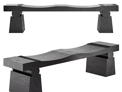 Modern Wooden Sofa Bench With Curved Seat And Solid Wood Legs Design 3d model