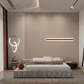Elegant Modern Bedroom Interior With Upholstered Bed Beige Wall And Hanging Light Fixture