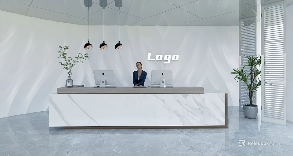 Modern Front Desk Reception With Professional Woman Marble Countertop Computers Green Plant And Logo Wall 3d model 