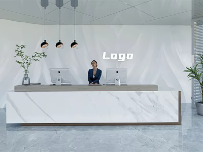 Modern Front Desk Reception With Professional Woman Marble Countertop Computers Green Plant And Logo Wall 3d model