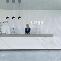 Modern Front Desk Reception With Professional Woman Marble Countertop Computers Green Plant And Logo Wall