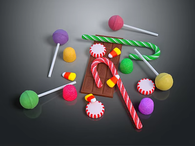 Colorful Assorted Candies Display With Lollipops Candy Canes And Chocolate Pieces 3d model