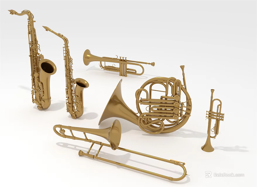 Golden Brass Musical Instruments and Art Supplies Collection Featuring Saxophones Trumpets French Horns Trombones 3d model 