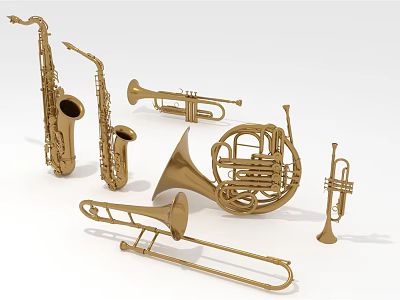 Golden Brass Musical Instruments and Art Supplies Collection Featuring Saxophones Trumpets French Horns Trombones 3d model