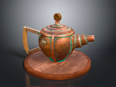 Vintage Copper Teapot With Wooden Base And Ornate Lid Design 3d model