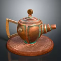Vintage Copper Teapot With Wooden Base And Ornate Lid Design