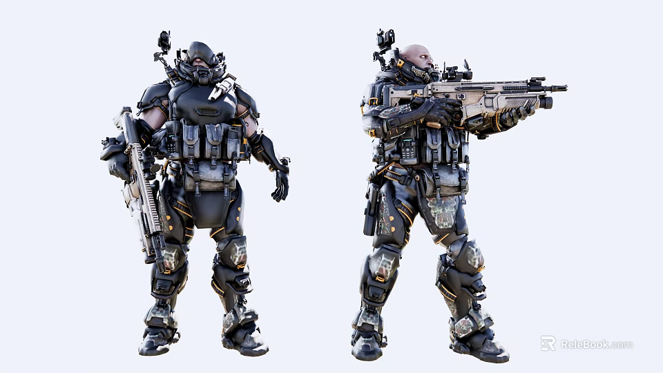 Game Movie Character In Heavy Armor With Tactical Weapon And Combat Gear 3d model 