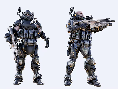 Game Movie Character In Heavy Armor With Tactical Weapon And Combat Gear 3d model