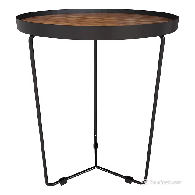 Modern Sleek Round Top Wooden Side Table With Black Metal Legs 3d model 