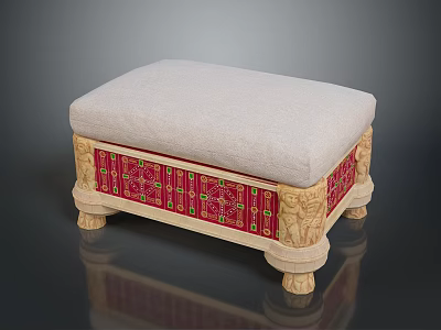 Traditional Decorative Stool With Beige Upholstered Seat Red Panels Green Patterns And Carved Legs 3d model