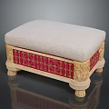 Traditional Decorative Stool With Beige Upholstered Seat Red Panels Green Patterns And Carved Legs