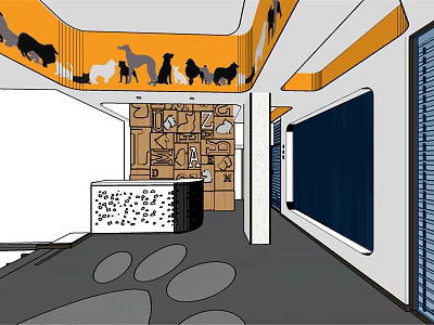 Shopping Mall Store Interior With Animal Decor Ceiling Wooden Wall And Reception Counter 3d model