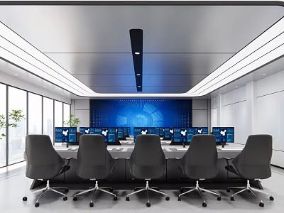 Modern Control Room Interior Featuring Multiple Monitoring Screens Console Workstations And Ergonomic Chairs 3d model