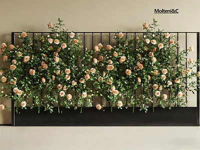 Lush Green Vine With Pink Flowers Decorating Black Metal Railing 3d model