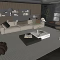 Modern Living Room Sofa And Coffee Table Set With Beige Cushions Wooden Tables And Green Plant