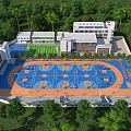 Modern School Buildings with Track Basketball Courts and Green Playground Surrounded by Trees