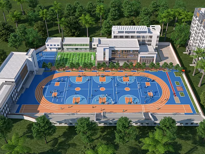 Modern School Buildings with Track Basketball Courts and Green Playground Surrounded by Trees 3d model