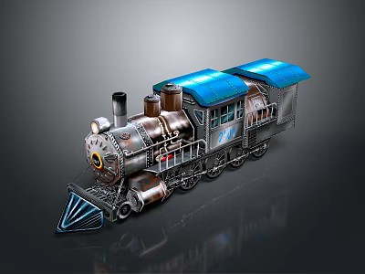 Vintage Steam Train Model with Blue Roof and Metallic Exterior Detailed Classic Locomotive Design 3d model