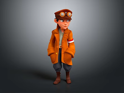 3D Biological Character Standing With Aviator Hat Goggles Orange Coat And Red Armband 3d model