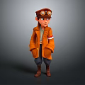 3D Biological Character Standing With Aviator Hat Goggles Orange Coat And Red Armband