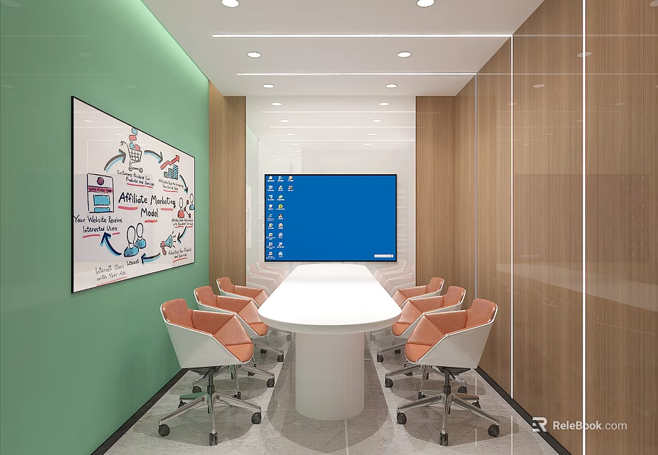 Bright Modern Office Meeting Room With Smart Display Oval Conference Table And Ergonomic Rolling Chairs 3d model 