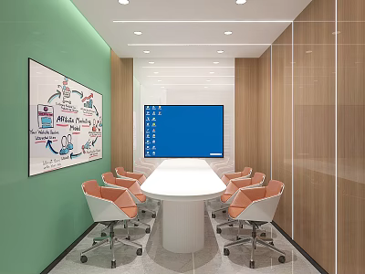 Bright Modern Office Meeting Room With Smart Display Oval Conference Table And Ergonomic Rolling Chairs 3d model