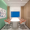 Bright Modern Office Meeting Room With Smart Display Oval Conference Table And Ergonomic Rolling Chairs