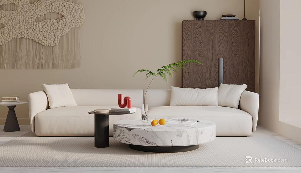 White Three Seater Sofa In Neutral Living Space With Marble Coffee Table And Green Plant 3d model 