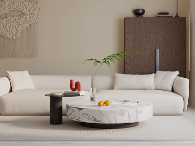 White Three Seater Sofa In Neutral Living Space With Marble Coffee Table And Green Plant 3d model