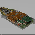 Traditional Chinese Architectural Complex 3D Model With Red Roofs Green Eaves Yellow Walls Symmetrical Layout