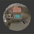 Cartoon Scene with Pink Building Green Balcony Pool Sandy Beach Tent Surfboard and Small Car