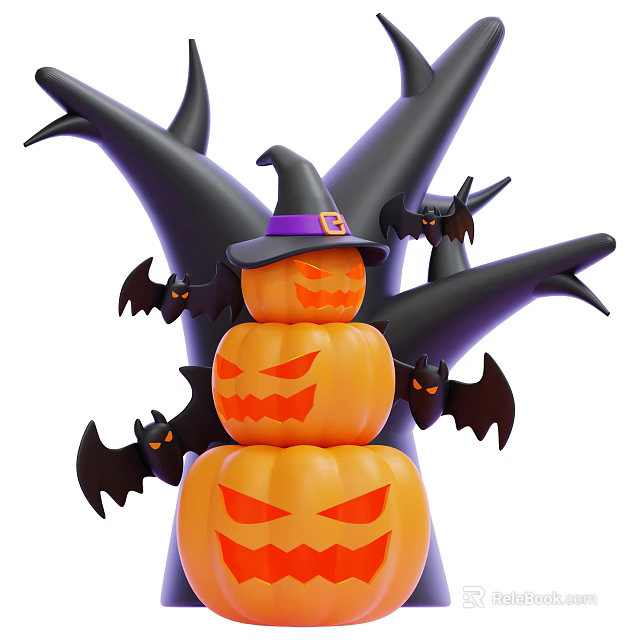 Halloween Decorative Ornament Set Featuring Stacked Pumpkins Witch Hat Black Branches And Bats 3d model 