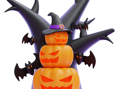 Halloween Decorative Ornament Set Featuring Stacked Pumpkins Witch Hat Black Branches And Bats 3d model